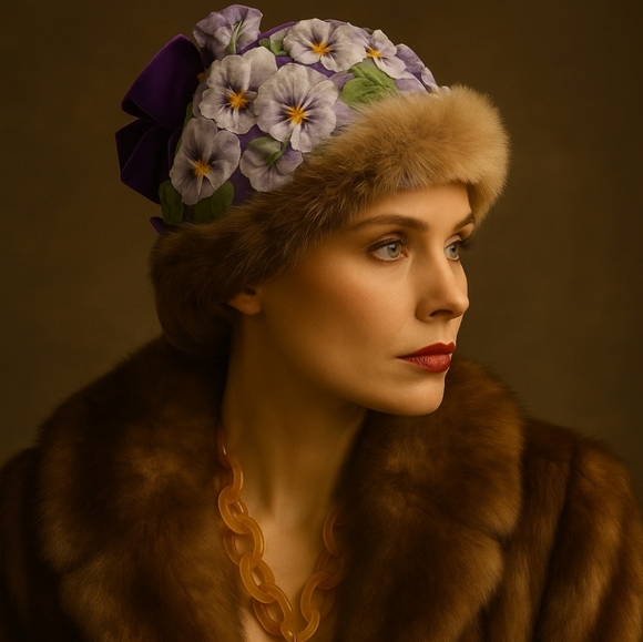 RARE 1950s ROSE HAT TACOMA PURPLE FLORAL COUTURE HAT WITH MINK TRIM & BOW - Picture 1 of 9